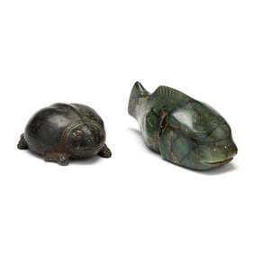 Two Exotic Sculptures, Bronze Frog and Carved Stone Fish