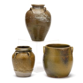 Jugtown Pottery (Seagrove, NC), Three Frogskin Glazed Handled Vessels