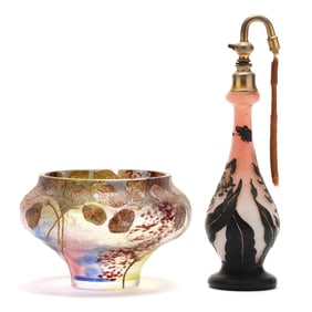 A Fine Bohemian Acid Etched and Enamel Decorated Glass Vase and Cameo Glass Perfume Bottle