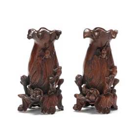 A Pair of Carved Wood Asian Vases with Frogs and Lotus Blossoms