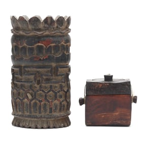 A Southeast Asian Carved Wood Brush Pot and Carrying Box