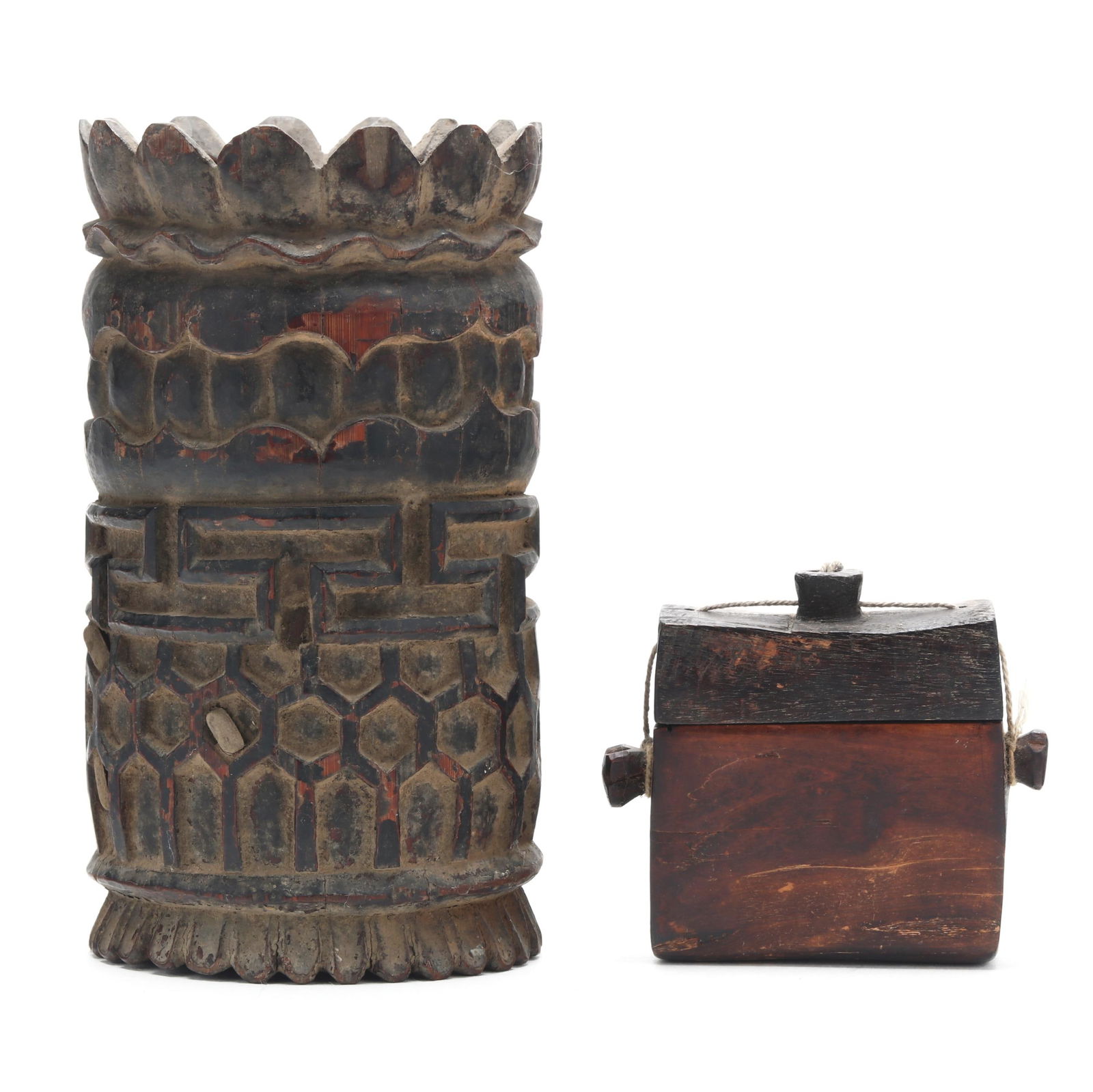 A Southeast Asian Carved Wood Brush Pot and Carrying Box (1 of 5)