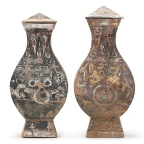 A Matched Pair of Large Chinese Painted Pottery Tomb Jars with Covers