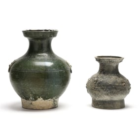 Two Chinese Funerary Green Glazed Pottery Vases with Mask Handles