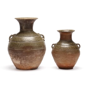 Two Chinese Pottery Jars with Handles and Incised Decoration