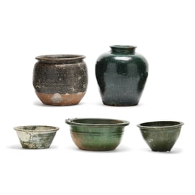 Five Chinese Green and Brown Glazed Pottery Vessels