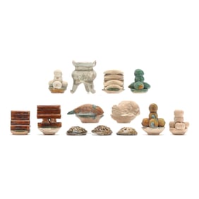 A Group of Thirteen (13) Chinese Pottery Tomb Offering Items
