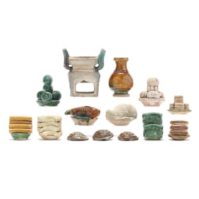 A Group of Fourteen (14) Chinese Pottery Tomb Offering Items