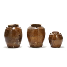 Three Chinese Pottery Brown Glazed Jars with Lug Handles