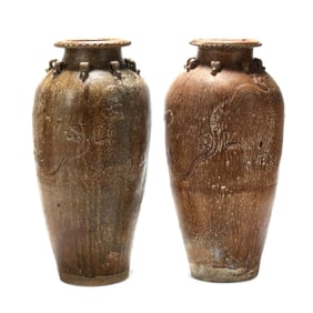 Pair of Large Chinese Pottery Multi-Handled Floor Vases