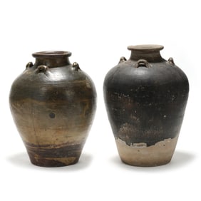 Two Chinese Pottery Four-Handled Green and Brown Glazed Floor Vases