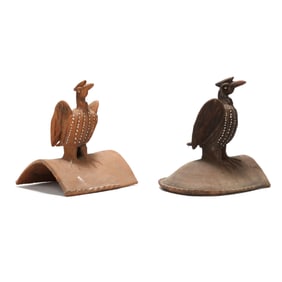 Two Large Terracotta Roof Tiles in the Form of Crested Birds