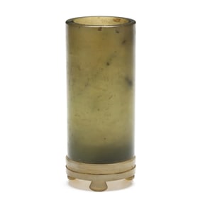 A Chinese Green Hard Stone Cylinder Vase with Stand