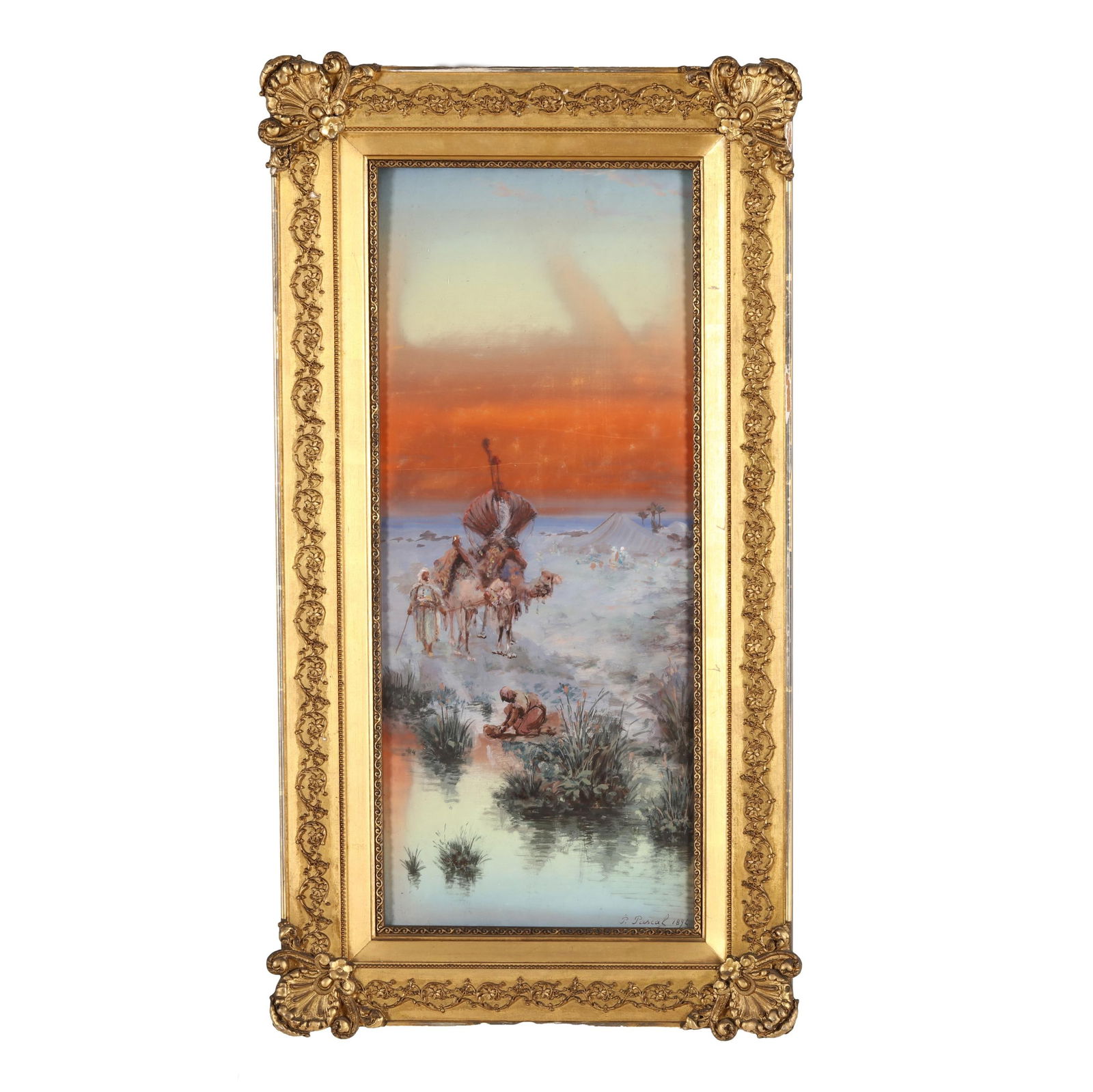 Paul Pascal (French, 1806-1879), Camel Riders at Sunset: Paul Pascal (French, 1806-1879), Camel Riders at Sunsetgouache on paper, 1894, signed and dated at lower right, presented in a giltwood frame below glass. Sight size 23 1/2 x 9 1/2 in. From the Estate