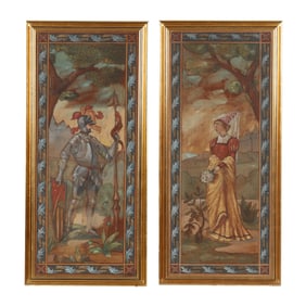 Pair of Vintage Medieval Style Paintings of a Knight and Lady