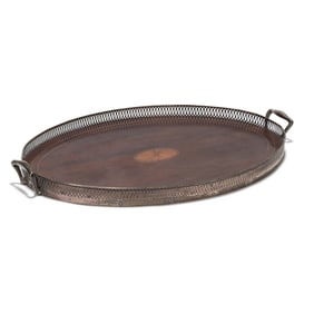 Georgian Style Inlaid Mahogany Serving Tray with Sterling Silver Gallery