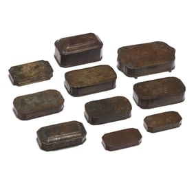 Ten Antique Continental Brass Tobacco and Betel Nut Boxes