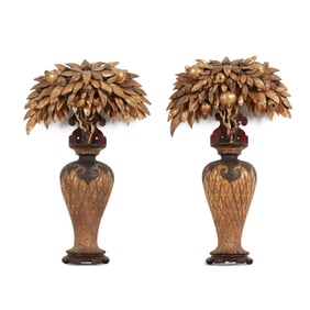 Antique Pair of Chinese Carved and Parcel Gilt Vase and Pomegranate Wall Sconces