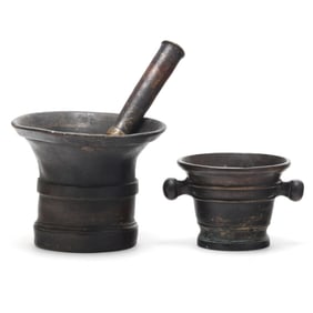 Two Antique European Large Bronze Mortars and Pestle
