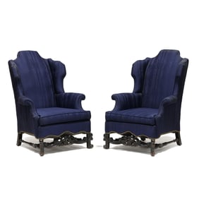 Pair of Spanish Baroque Style Upholstered Easy Chairs