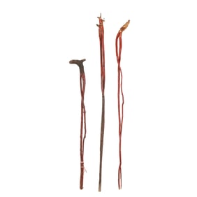 Three Red Lacquer and Gilt Chinese Staffs