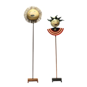 Two Signed Folk Art Sun and Lady Liberty Mixed Media Sculptures