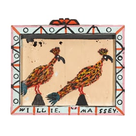 Willie Massey (American, 1906-1990), Folk Art Mixed Media Painting of Two Birds