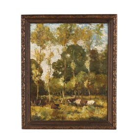Charles E. Rowe (American, 20th Century), Sheep Among a Forest Landscape