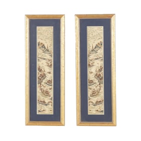 A Pair of Chinese Silk Embroidered Sleeve Panels with Pagodas