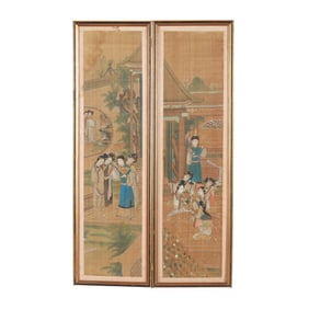 Two Framed Chinese Paintings of Elegant Woman on Silk