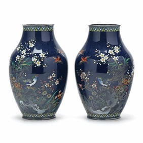 A Pair of Japanese Cloisonne Vases with Birds and Flowers