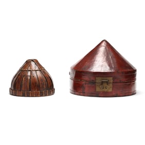Antique Asian Bamboo Fireman's Hat with Red Lacquer Hat Box