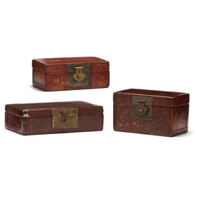 Three Asian Red Lacquered Leather Boxes