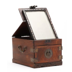Antique Chinese Walnut Folding Tabletop Vanity with Inlaid Mirror