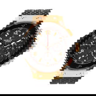 Red Gold, Titanium, and Ceramic Big Bang Chronograph Watch, Hublot: Red Gold, Titanium, and Ceramic Big Bang Chronograph Watch, Hublot circa 2007, automatic, reference number 301.PB.131.RX, serial number 679324, the black titanium case with red gold accents and