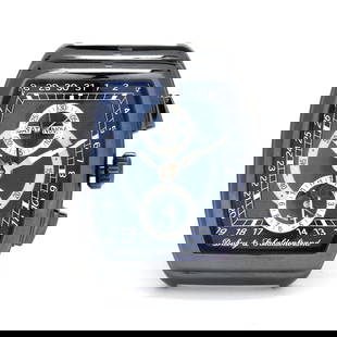 Black PVD Stainless Steel Gran' Chrono Astro Buddy Two Limited Edition Chronograph Watch, Dubey &: Black PVD Stainless Steel Gran' Chrono Astro Buddy Two Limited Edition Chronograph Watch, Dubey & Schaldenbrand automatic, limited edition number 25/100, the tonneau shaped stainless steel case with