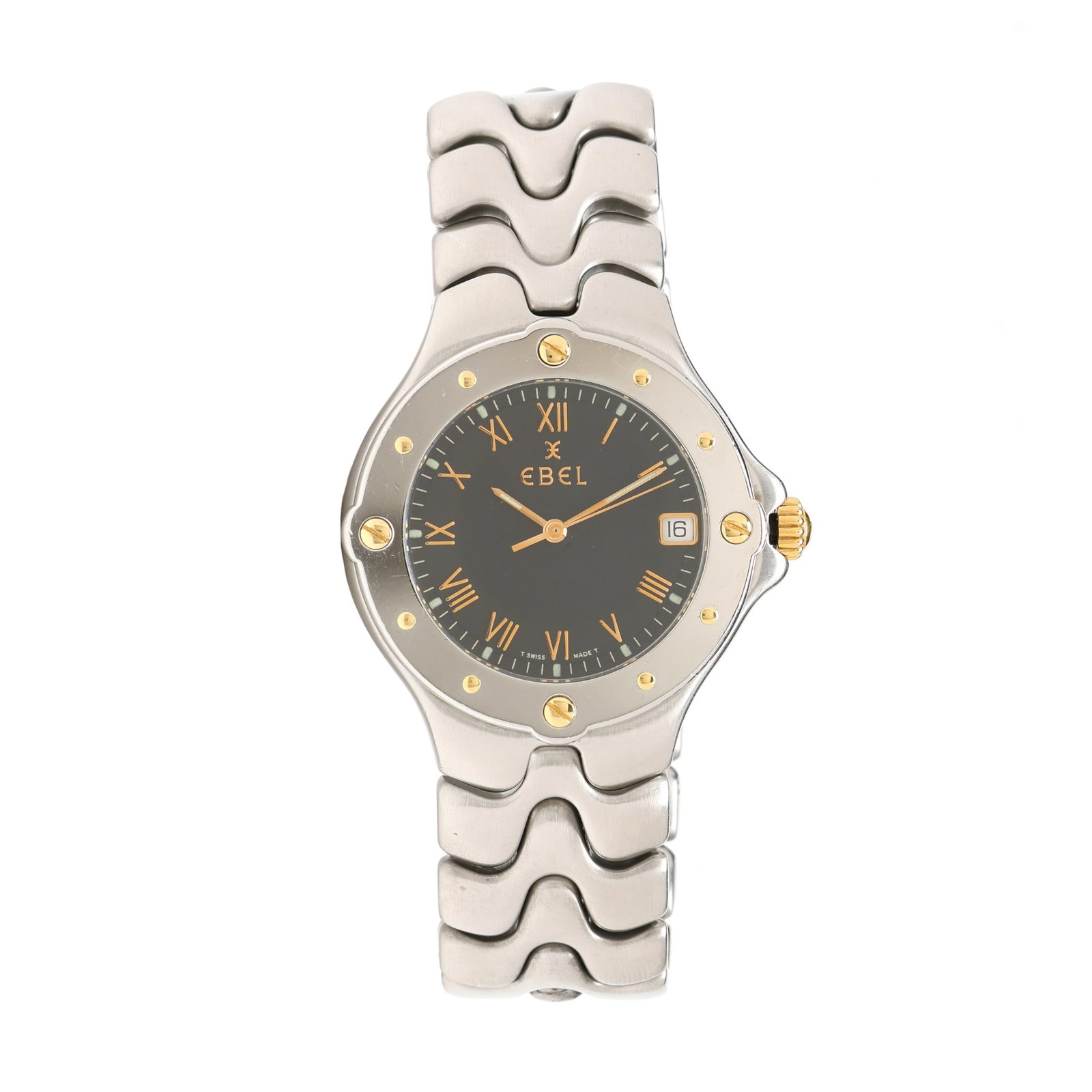 Stainless Steel Sportwave Watch, Ebel: Stainless Steel Sportwave Watch, Ebel circa 1997, quartz, Ebel 187-1, reference number E6187631, serial number 93940708, the round brushed stainless steel case with polished bezel and gold-tone accent