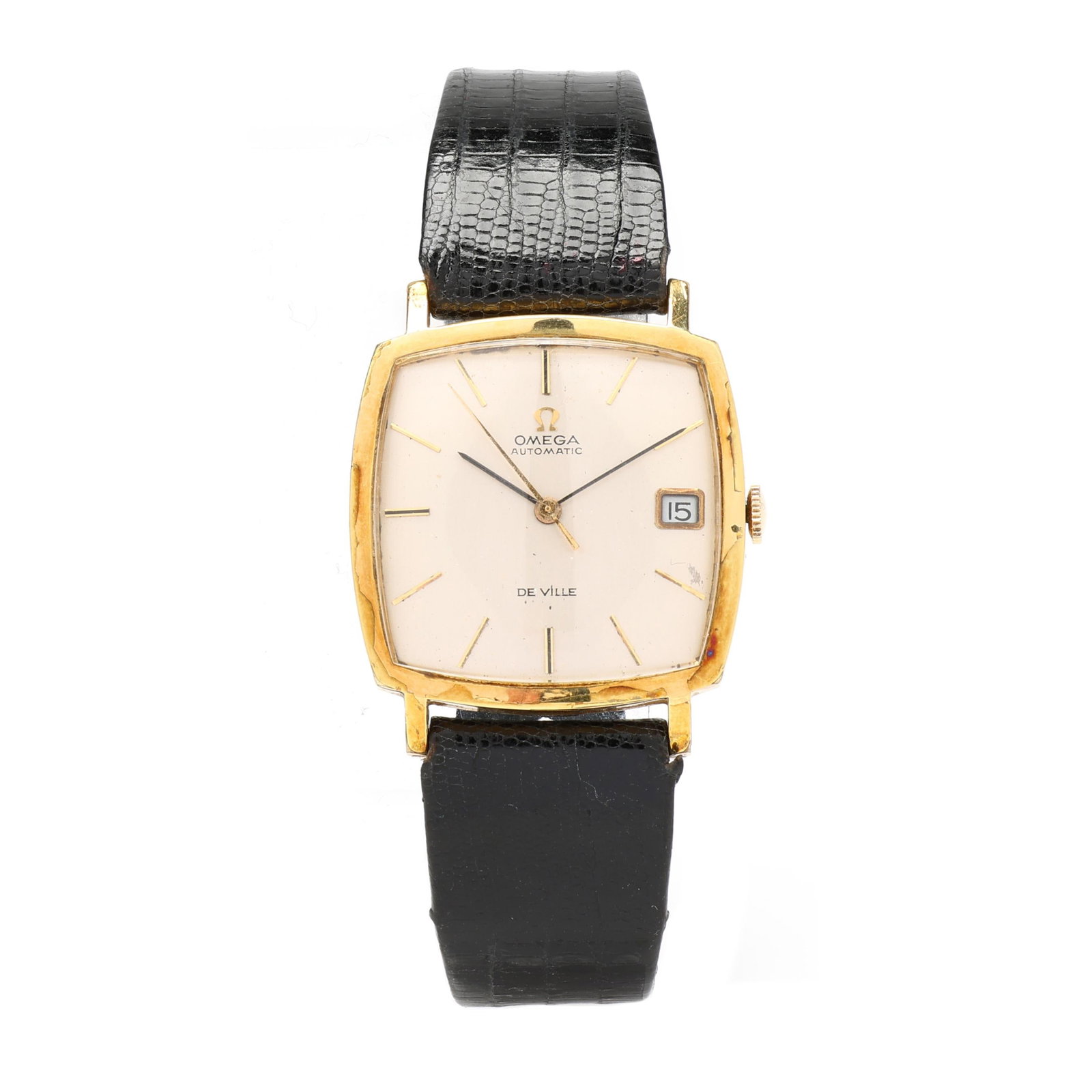 Vintage Gold-Plated De Ville Watch, Omega: Vintage Gold-Plated De Ville Watch, Omega circa 1966, automatic, Omega 565, reference number 162.025, serial number 27515900, the cushion shaped gold-plated case with polished bezel, the signed silver