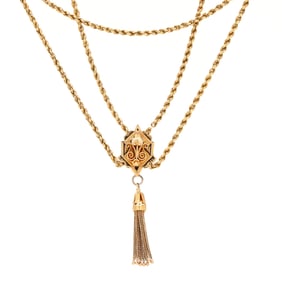 Victorian Gold Watch Chain Necklace with Gold and Enamel Slide