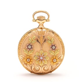 Edwardian Tri-Color Gold Hunter Case Pocket Watch, Illinois Watch Co. for I. Lewkowitz
