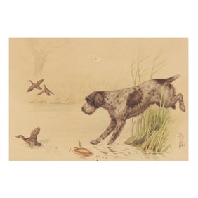 Boris Riab (Russian-French, 1898-1975), German Wirehaired Pointer with Mallards