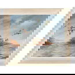 David Maass (American, b. 1929),  Canvasbacks in Flight