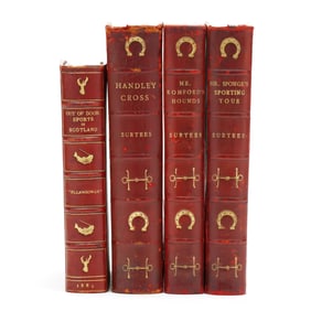 Four Leather-Bound Sporting Books, Including Three Novels by Surtees
