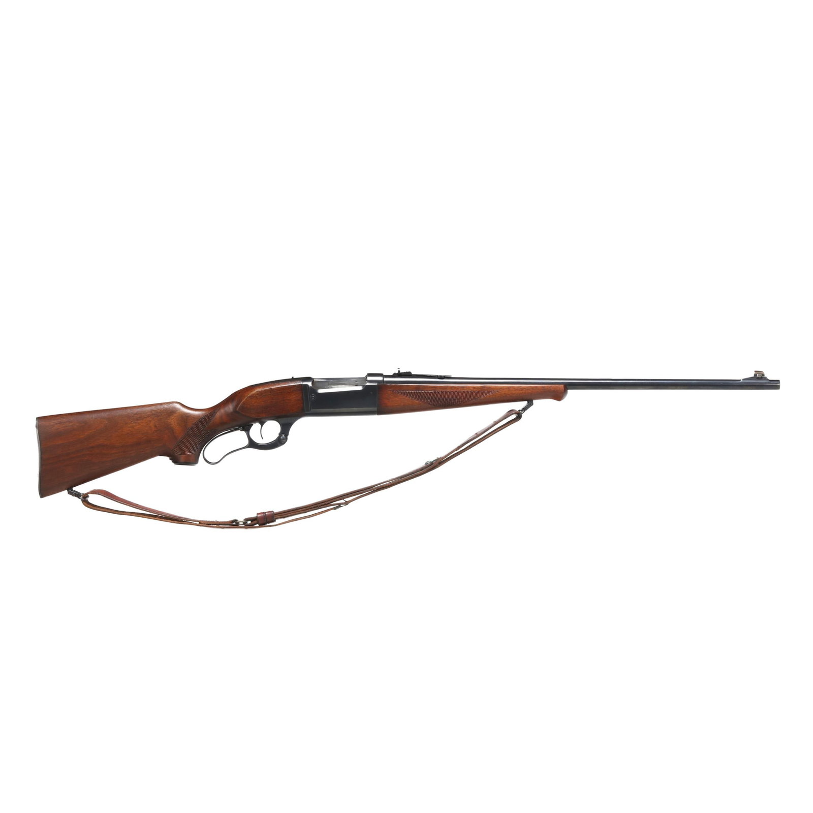 Savage Arms Model 99 .300 Savage Lever Action Rifle With Sling: Savage Arms Model 99 .300 Savage Lever Action Rifle With Sling Serial number 735739 present on underside of lever-action receiver, text of SAVAGE MODEL 99 present on barrel hood, text of HI-PRESSURE S