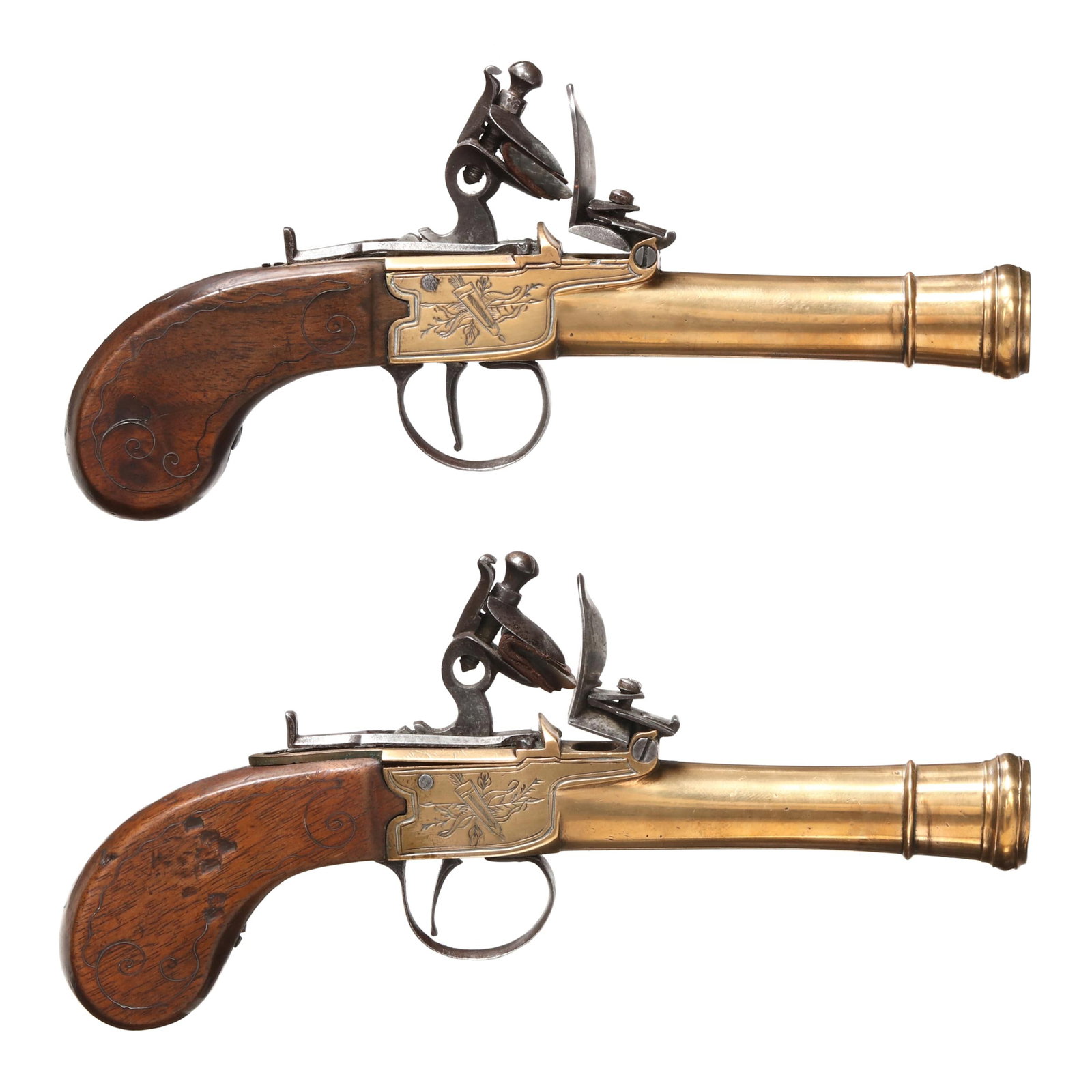 Pair Of Brass Cannon Barrel Style Flintlock Pistols: Pair Of Brass Cannon Barrel Style Flintlock Pistols Brass barrled and actioned flintlock pistols, walnut grips with ornate wire inlay sides and back strap of each grip, quiver and bow engraved motif o