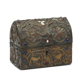 Armand Frenais, Art Nouveau Inlaid Repoussé Box of Ecclesiastical Theme
