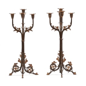 Pair of Arts & Crafts Parcel Gilt Ironwork Candelabra