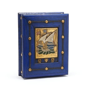 Carved and Painted Wood Box with Ship