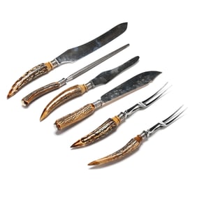 Antique Cased Stag Handled Six Piece Silver Cutlery Set
