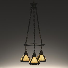 Arts & Crafts Hammered Brass and Slag Glass Three-Light Chandelier